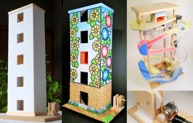 エレベーター工作キットの完成と砂絵やモーターやビー玉コースターの見本